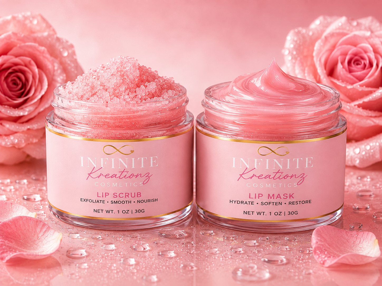 Infinite Kreationz lip scrub and lip mask surrounded by pink roses